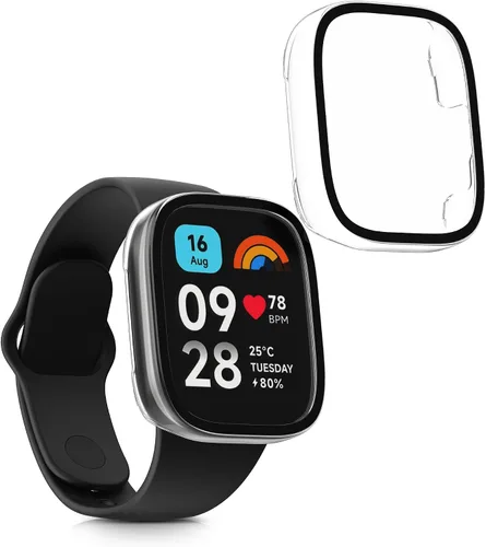 Vista 8 de kwmobile Funda compatible con Xiaomi Redmi Watch 3 Active/Redmi Watch 3 Lite Covers - Vidrio templado 2X con marco de plástico - Transparente