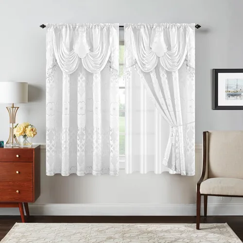 Vista 28 de Petrichor Cortinas de gasa jacquard transparente borgoña (54 pulgadas de ancho x 63 pulgadas de largo), 2 paneles con cenefa adjunta, diseño floral