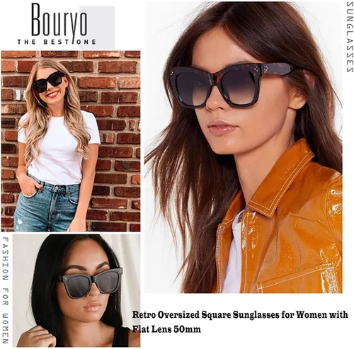 Vista 2 de Bouryo Gafas de sol cuadradas retro de gran tamaño para mujer, lentes planas, lentes degradadas, UV400