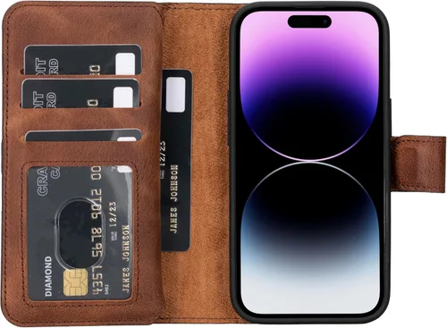 Vista 19 de HARDISTON Funda de piel auténtica de alta calidad hecha a mano para iPhone 7/8 / SE doble folio tarjetero - Funda magnética desmontable - Soporte