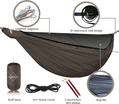 Vista 2 de Onewind Hamaca de Acampar de 11 pies con Mosquitera y Línea de Cresta Ajustable, Hamaca Doble Portátil Ligera con Correas para Árboles y Red