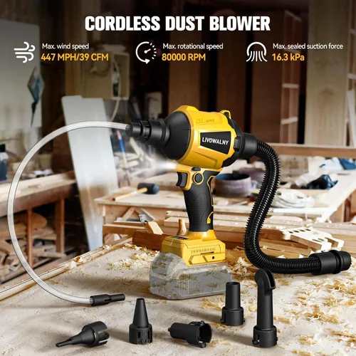 Vista 5 de LIVOWALNY Soplador de polvo inalámbrico compatible con batería Dewalt de 20 V, soplador de hojas sin escobillas, soplador de aserrín de mano 447