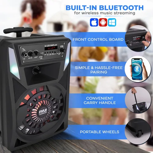Vista 6 de Pyle Altavoz PA Bluetooth portátil – Sistema de audio de karaoke BT recargable de 300 W 8 pulgadas para exteriores – Luces de fiesta multicolor