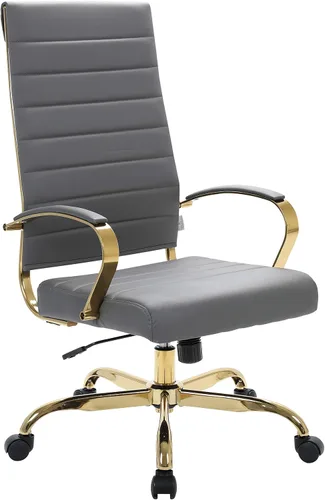Vista 14 de LeisureMod Silla de oficina moderna de cuero con respaldo alto, silla de escritorio ejecutiva giratoria y ajustable con marco dorado, diseño Blanco