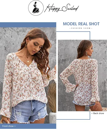 Vista 4 de Happy Sailed Womens Boho Floral Print V Neck Tops Casual Long Sleeve Drawstring Blouses ShirtsS-XXL