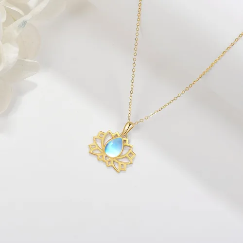Vista 3 de Collar con colgante de loto de oro amarillo de 14 quilates, collar con colgante de loto de piedra lunar de oro sólido, joyería de loto para mujer