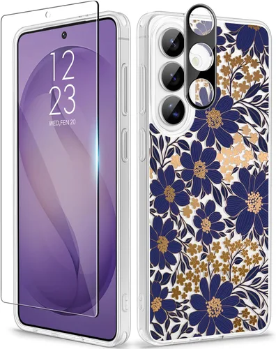 Vista 8 de GVIEWIN Funda protectora para Samsung Galaxy S25, transparente floral, delgada, a prueba de golpes, para mujer, no se pone amarilla, con protector
