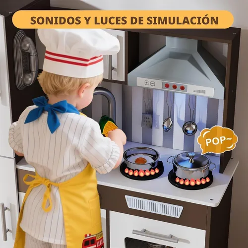 Vista 4 de JOYLDIAS Juego de cocina de madera para niños pequeños con luces y sonidos Marrón
