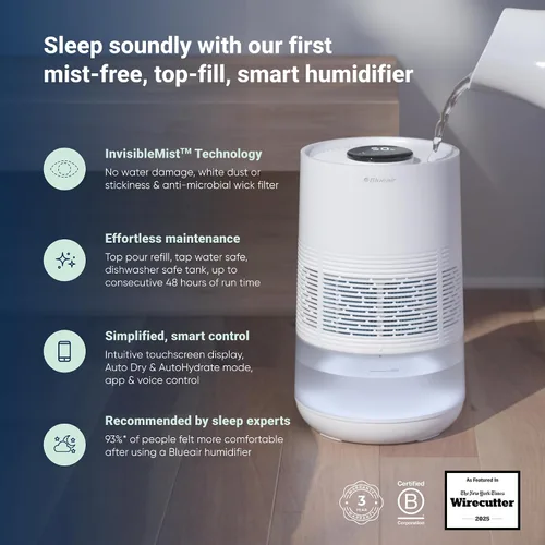 Vista 2 de BLUEAIR Humidificador inteligente prémium para habitaciones grandes, dormitorios, mejor sueño con tecnología de niebla invisible evaporativa