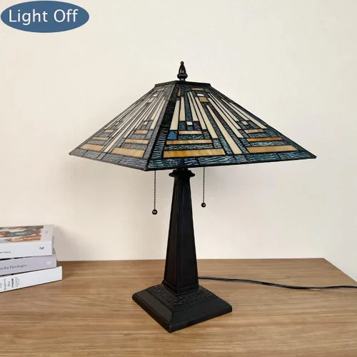 Vista 8 de Tiffany - Lámparas de mesa de 16 pulgadas de ancho hechas a mano con vitrales para lectura, 2 luces, estilo misión azul, luz de mesa antigua