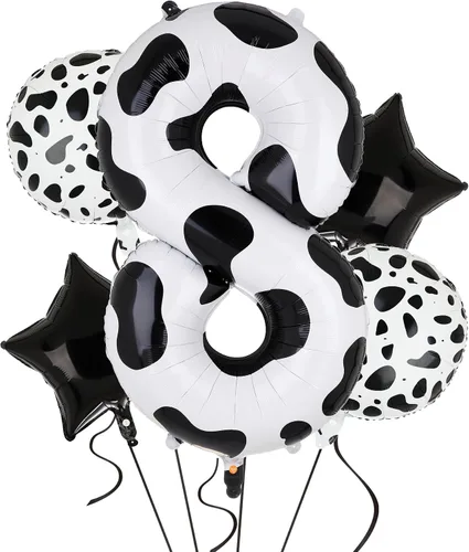 Vista 7 de Globo de 40 pulgadas con estampado de vaca con número 0 globos blancos con estampado de vaca, temática de vaquera, para niños, 10º cumpleaños