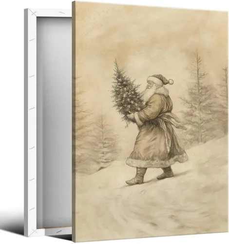 Vista 15 de Arte de pared en lona de árbol de Navidad y pino, póster rústico iluminado de abeto nevado, decoración de pared de vacaciones de invierno antigua