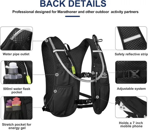 Vista 3 de Chaleco de Hidratación para Correr 5L, Paquete de Chaleco para Correr con Vejiga de Agua de 1.5L, Mochila de Agua Ligera para Senderismo, Correr