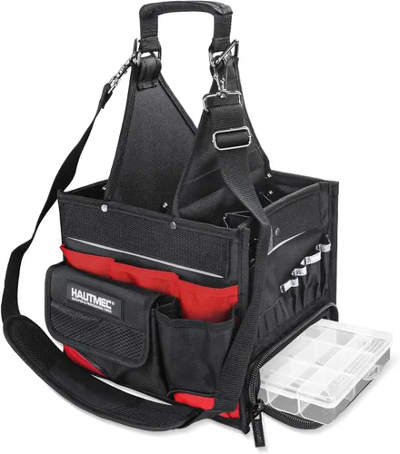 Vista 8 de Bolsa de herramientas Hautmec Tool Tote Pro para electricista, bolsa de herramientas de 18 bolsillos, parte superior abierta, con correa de hombro