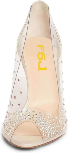 Vista 3 de FSJ Zapatos de tacón transparente, puntiagudos, con incrustaciones, para mujer, tacón alto con lazo, tallas estadounidenses 4 a 15 M