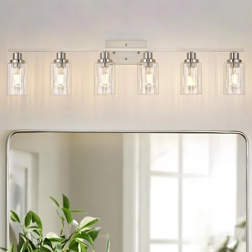Vista 18 de Jonsi Accesorios de iluminación de baño dorados, 2 luces de tocador de oro cepillado con pantalla de vidrio estriada, luces modernas sobre espejo