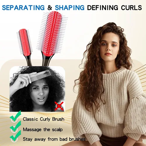 Vista 9 de 2 cepillos de pelo para mujeres y hombres, cabello rizado, húmedo o seco, 9 filas y 5 filas, cepillos clásicos para cabello grueso natural