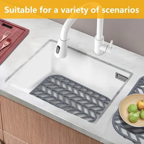 Vista 6 de Protectores de fregadero de cocina de 12 x 11 y 13 x 11 pulgadas, protectores de silicona para fregadero de cocina para la parte inferior del Gris