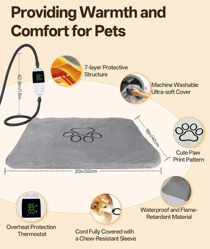 Vista 2 de Almohadilla térmica para mascotas para gatos y perros pequeños con 12 temperaturas ajustables, impermeable y resistente a las mordidas, almohadilla