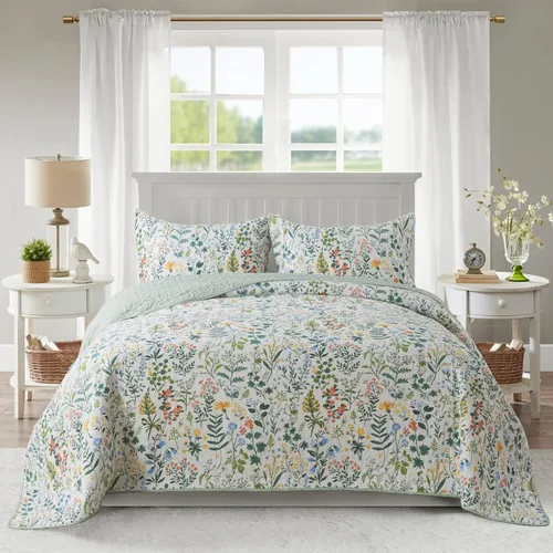 Vista 10 de NEWLAKE - Juego de cubrecama reversible de microfibra bordada con patrón floral en relieve en jacquard beige, tamaño queen