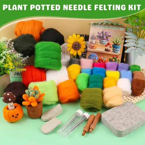 Vista 3 de Kit de fieltro de aguja para principiantes, 28 colores de lana itinerante, juego de manualidades de plantas suculentas con agujas de fieltro