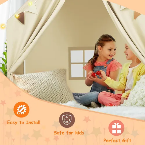 Vista 4 de Tienda de campaña para niños con tapete acolchado y luces LED en estrella para niñas y niños de 4-8-10 años, gran casa de juegos linda