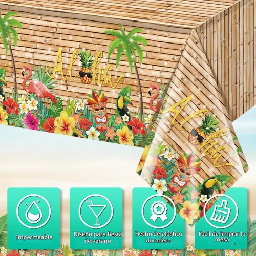 Vista 3 de Mantel hawaiano Luau de 3 piezas, mantel para fiesta de Tiki tropical, mantel rectangular desechable de plástico para Tiki Bar Tropical, verano