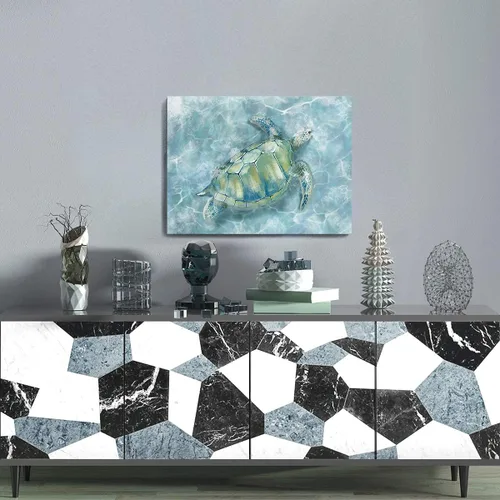 Vista 4 de YJYart Decoración de pared de baño, diseño de tortuga marina HD en lienzo, arte de pared para dormitorio, cocina, decoración de habitación costera