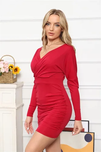 Vista 6 de C.AMOUR Vestido midi de manga larga con cuello en V para mujer, con hombros descubiertos, sexy, fruncido, entallado, para graduación, club, fiesta