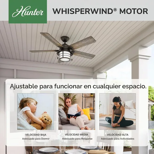 Vista 2 de Hunter Key Biscayne - Ventilador de techo, para interiores y exteriores, con luz LED y control para cadena de tracción