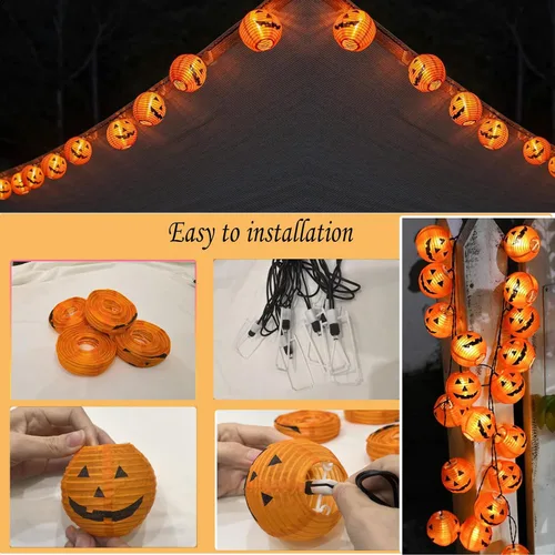 Vista 3 de Luces de calabaza de Halloween para exteriores, 2.6 m enchufables, luces de cadena naranjas para decoración de Halloween con 10 luces LED de Jack O