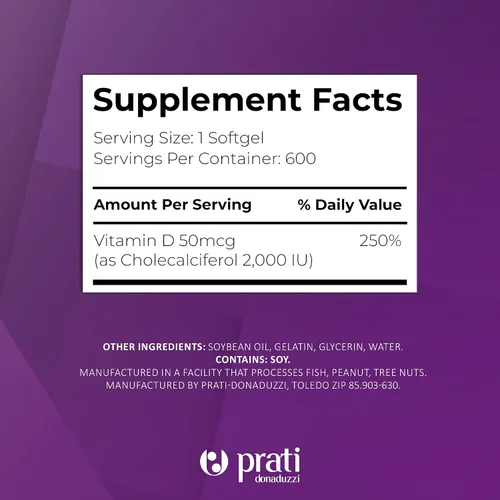 Vista 5 de Prati Donaduzzi Vitamina D3 2,000 UI (50 mcg) cápsulas blandas 600 unidades - Suplemento diario de sol para apoyo óseo y dental - Suministro