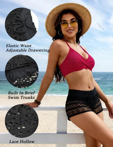 Vista 4 de Traje de baño con cintura hueca de encaje para mujer Negro1