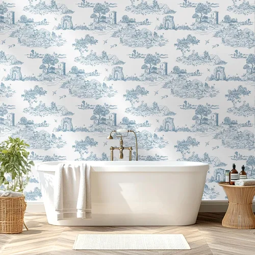 Vista 8 de WENMER Toile de Jouy - Papel de contacto Toile de Jouy, papel tapiz azul y blanco, papel adhesivo vintage de país francés para dormitorio, sala