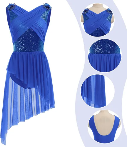 Vista 6 de AFAVOM Disfraz de baile lírico para mujer, vestido de lentejuelas con flores, falda asimétrica de tul fluida, disfraces de danza contemporánea
