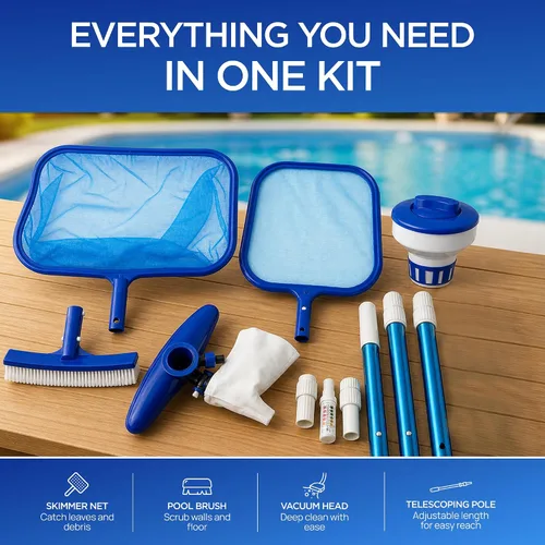 Vista 6 de FibroPool Kit de mantenimiento de piscina sobre el suelo – Poste telescópico, red desnatadora de hojas, cabezal de vacío, cepillo de piscina