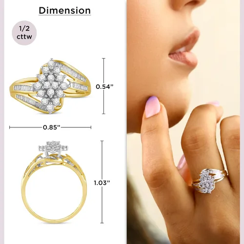 Vista 3 de Anillo de oro amarillo de 10 quilates de Jewelili con diamantes blancos naturales redondos y de corte baguette de 12 CTW para mujeres Joyería fina