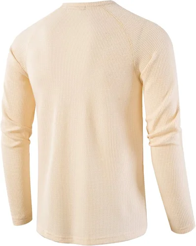 Vista 3 de LOCALMODE Camisetas casuales de manga larga con cuello redondo para hombre de Waffle Henley