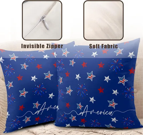 Vista 5 de Juego de 2 fundas de almohada patrióticas para exteriores, diseño de estrellas azules del 4 de julio, 16 x 16 pulgadas, fundas de almohada