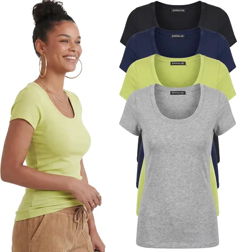 Vista 98 de Emmalise - Camiseta de manga corta para mujer, cuello redondo, estilo básico, pack de valor, tallas junior y grandes