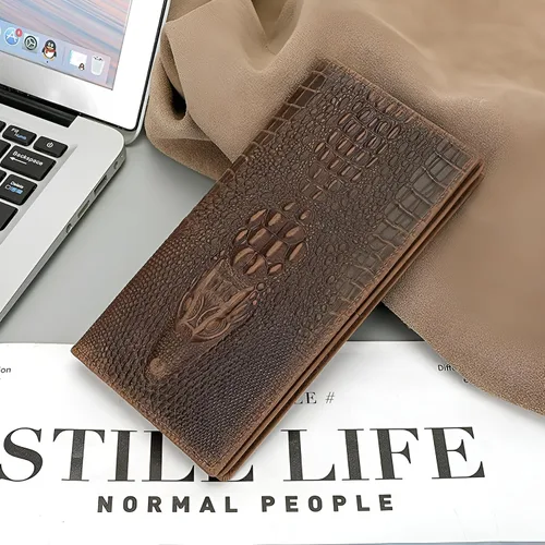 Vista 9 de Cartera larga para hombre, doble pliegue, piel de vaca de grano superior, estampado de cocodrilo, múltiples ranuras para tarjetas., Marrón, Vogue