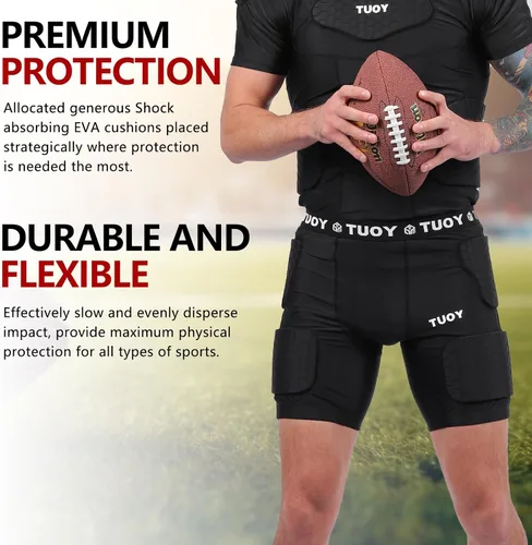 Vista 9 de Faja de fútbol acolchada para hombre, 5 almohadillas, almohadillas de fútbol integradas con protector de muslos para fútbol y béisbol