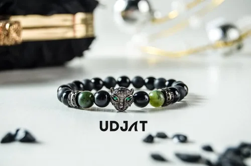 Vista 4 de Udjat Pulsera de cabeza de leopardo de pantera negra de la suerte, jade elástico hecho a mano, pulseras de chakras para mujer, pulsera de jade