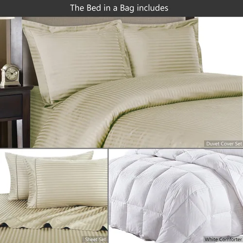 Vista 2 de sheetsnthings Edredón de plumón de ganso a rayas de damasco con 600 hilos, 100% algodón, ropa de cama tamaño matrimonial de 8 piezas