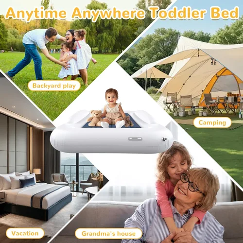 Vista 7 de Cama de viaje inflable para niños pequeños - Cama de viaje portátil para niños con lados de seguridad, juego completo de colchón de aire para niños