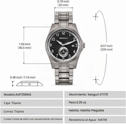 Vista 6 de BERNY Reloj automático de titanio para hombre, relojes de pulsera clásicos de titanio completo Negro