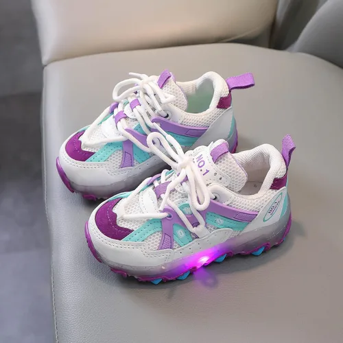 Vista 5 de Zapatos de vestir ajustables para caminar para bebés y niñas zapatos deportivos luminosos zapatos de bebé ligeros con brillo morado 12-18 meses