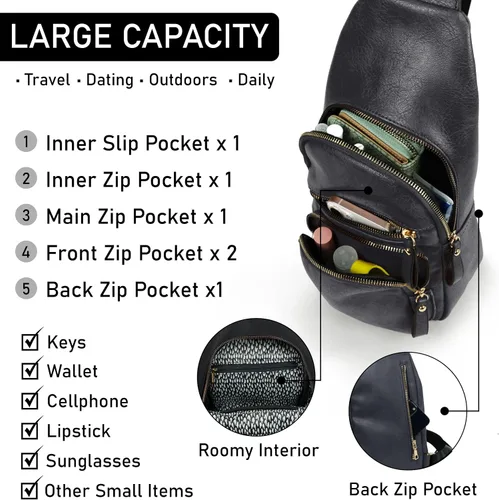 Vista 2 de EMPERIA Bolso bandolera pequeño de piel sintética, mochila multiusos para senderismo, viajes, mochila para exteriores para mujeres y hombres, Negro