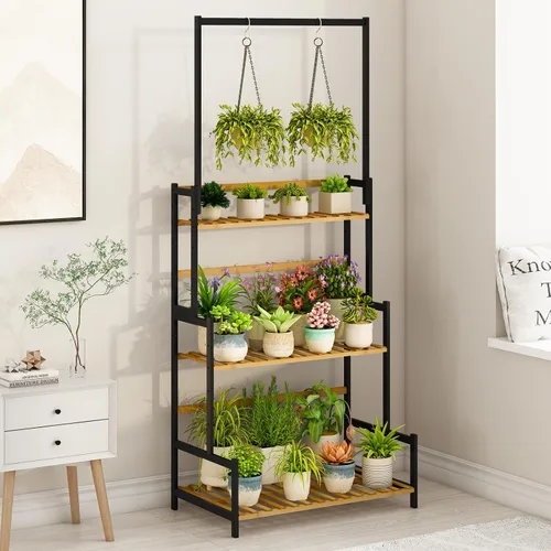 Vista 8 de Ufine - Soporte de bambú para plantas colgantes de 3 niveles con estante en escalera y barra colgante. Organizador de altura ajustable para macetas.
