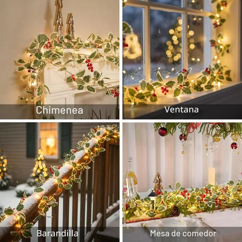 Vista 2 de Suddus 40 luces LED de Navidad con pilas, tira de luces de 12.5 pies con bayas rojas y hoja de acebo, temporizador remoto, guirnaldas artificiales